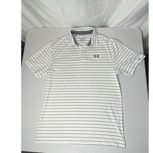 Under Armour The Playoff Polo Shirt White Grey Stripe Mens Medium Golf Athletic